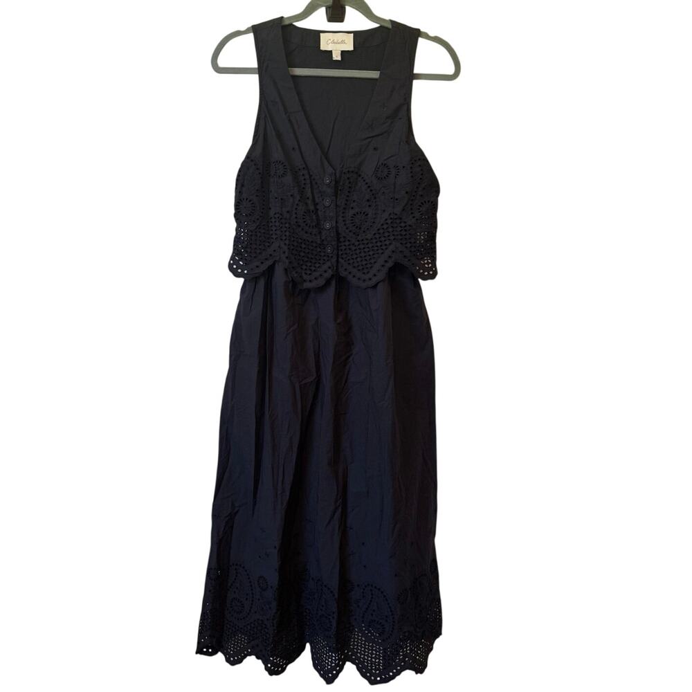 CLEOBELLA Julie Organic Cotton Poplin Lace Midi Dress Sz Small Black Eyelet Boho - Picture 2 of 12